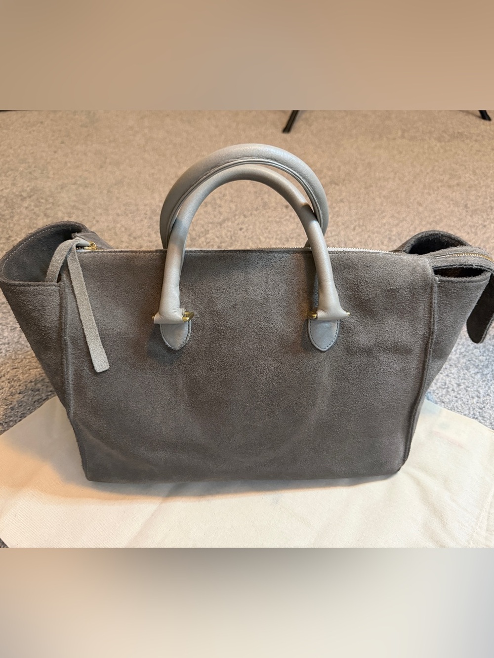 Structured Gray Suede Top-Handle Satchel